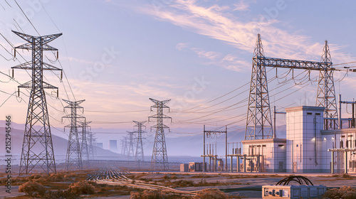 Electrical power transmission lines and substation towers extending across arid landscape under soft morning sky.