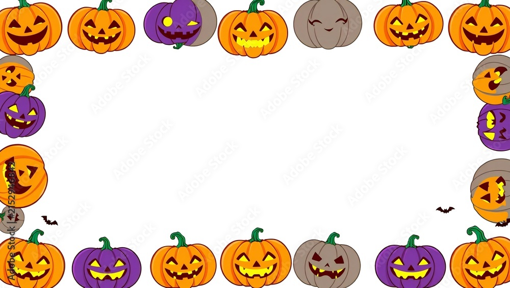 Obraz premium Halloween frame border with cute orange and purple jack o lantern pumpkins