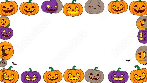 Halloween frame border with cute orange and purple jack o lantern pumpkins
