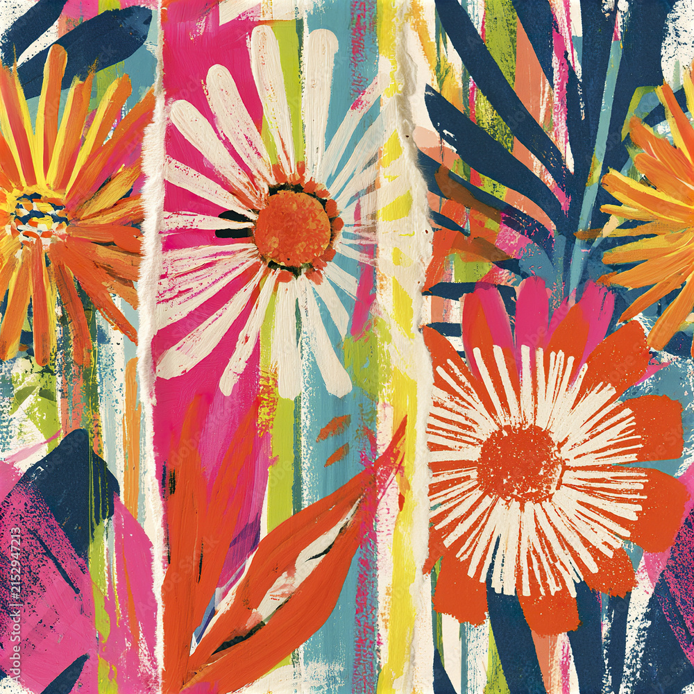 Fototapeta premium Colorful floral pattern with bright orange and white flowers, vibrant leaves, and dynamic brush strokes creating cheerful