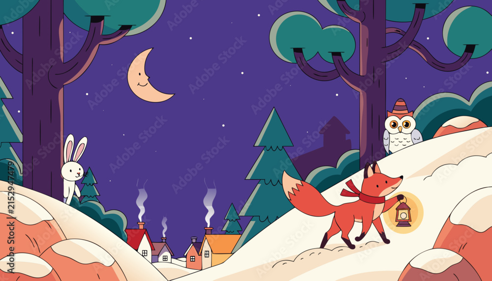 Naklejka premium Little Fox with Lantern in Snowy Forest, Flat Vector Childrens Book Cozy Bedtime Illustration