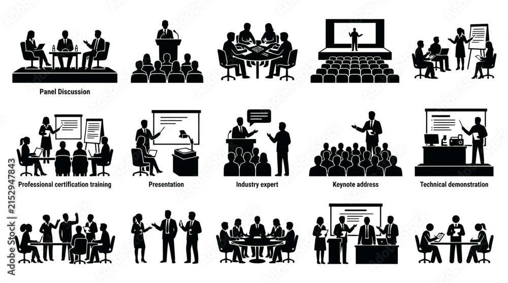 Fototapeta premium Business Meeting Icons: Panel, Presentation, Training, Keynote, Demo, Technology
