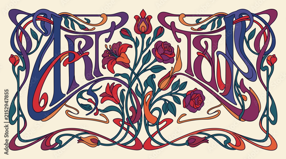 Obraz premium Art Nouveau inspired lettering with floral elements, ornate curves, and rich colors on a cream background