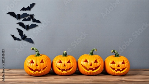 Four orange jack o lantern pumpkins with carved faces and paper bats on a wooden table for halloween