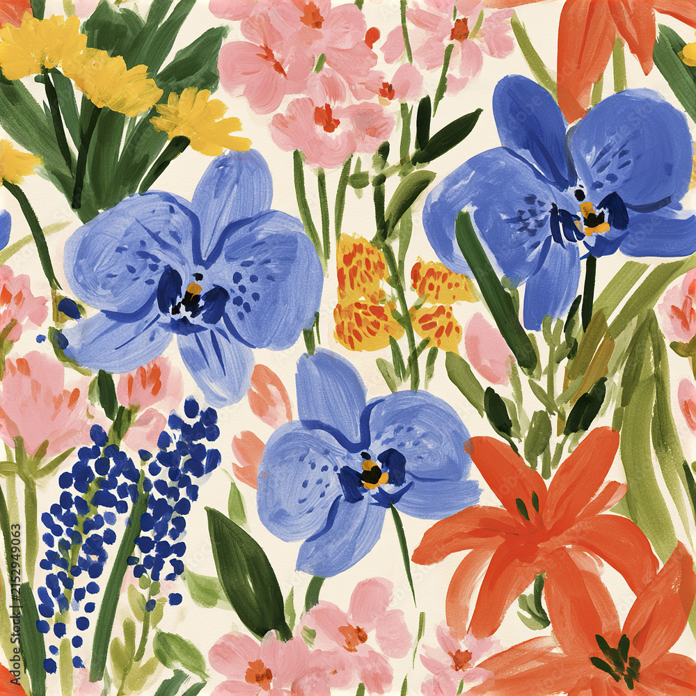 Fototapeta premium Floral pattern with blue orchid, orange lily, pink and yellow flowers, green leaves, colorful garden painting