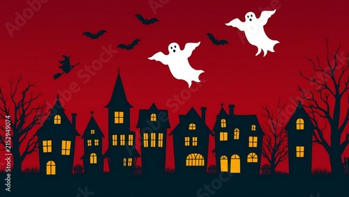 Spooky white ghosts flying over a dark haunted village at night during halloween
