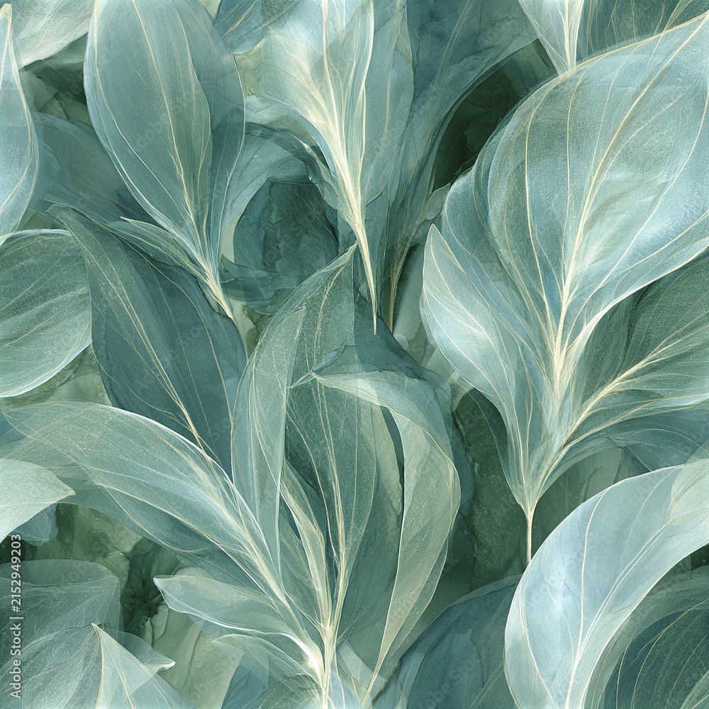 Fototapeta premium Translucent blue green leaves with delicate veins create seamless modern abstract collage full of natural elegance and calm