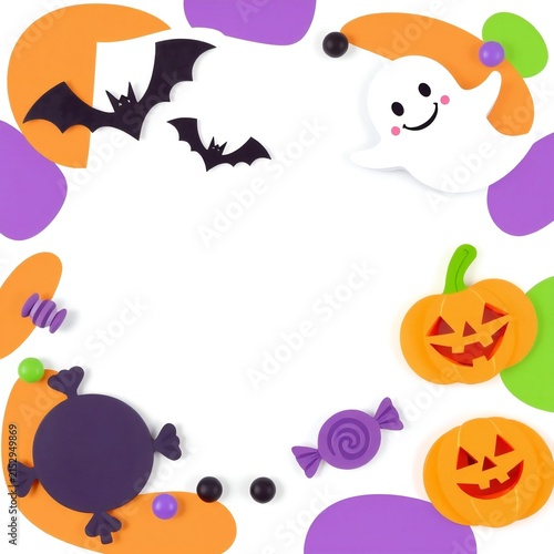Cute halloween border frame with smiling ghost bats pumpkins and colorful candies