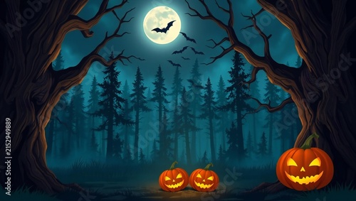 Pixel art halloween background with glowing jack o lanterns and a flying bat in a dark forest at night with a full moon