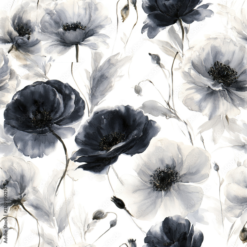Fototapeta premium Monochrome watercolor floral pattern with large delicate flowers and soft leaves creating elegant and calming design