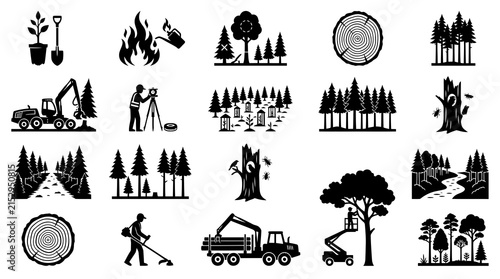 Forestry and Arboriculture Glyph Icons Set: Logging, Tree Care, Reforestation, and Forest Management Silhouettes