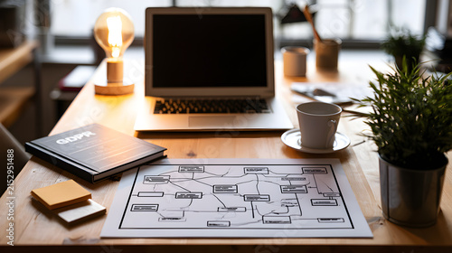 Regulatory compliance workstation with data privacy flowchart and legal book near notebook, no human, lifelike business setting with cozy dawn window light and text space