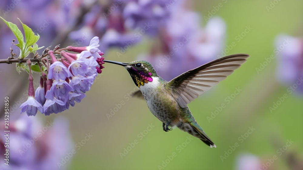 Fototapeta premium Hummingbird hovering while drinking nectar from purple blossoms, showcasing detailed feathers against a vibrant spring garden background with natural light and vivid colors