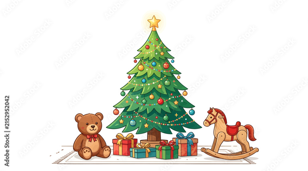Fototapeta premium Whimsical Christmas Scene with Teddy Bear, Rocking Horse, and Decorated Tree