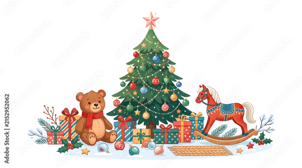 Fototapeta premium Whimsical Christmas Scene with Teddy Bear, Horse Toy, and Decorated Tree