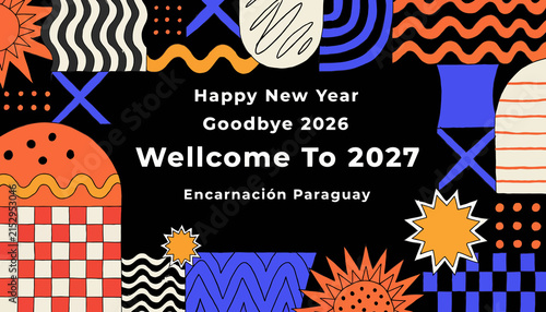 Happy New Year 2027 Encarnacion Paraguay Celebration with Abstract Geometric Shapes and Festive Graphics