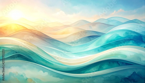 Watercolor Waves Illuminated by Soft Morning Light in Pale Blue and Aqua
