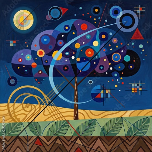 An abstract artwork depicting a stylized tree composed of colorful geometric shapes, circles, lines, and patterns against a dark blue background with decorative elements.
