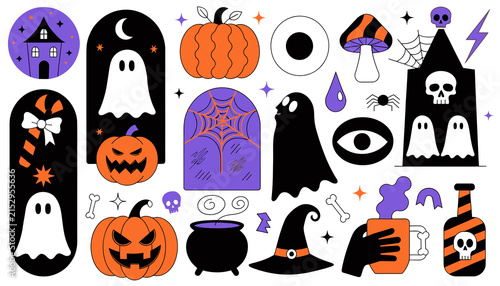 Spooky Halloween Icons and Elements: Ghosts, Pumpkins, Witch Hat, Spider Web, Cauldron, Eyes