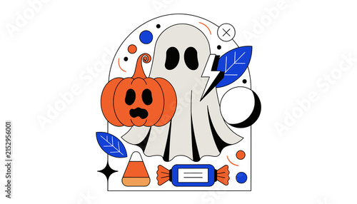 Spooky Halloween Vector Illustration: Ghost, Pumpkin, Candy, Moon, Lightning Bolt, Festive Design Elements