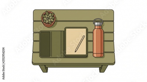 Minimalist overhead illustration of a wooden picnic table with a succulent plant, notebook, pencil, and water bottle, perfect for outdoor, travel, or lifestyle content
