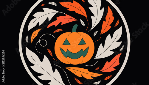 Spooky Pumpkin Circle Graphic with Autumn Leaves - Halloween Illustration