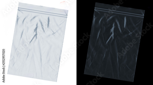 Foto Transparent plastic zip bag mockup, clear polyethylene pouch on white and black