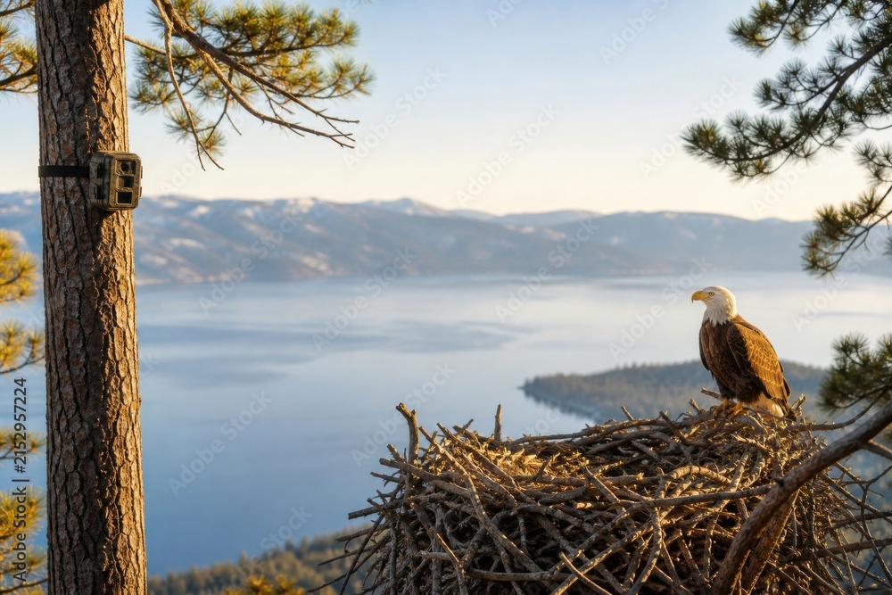 Naklejka premium Bald eagle nest monitored by remote wildlife camera