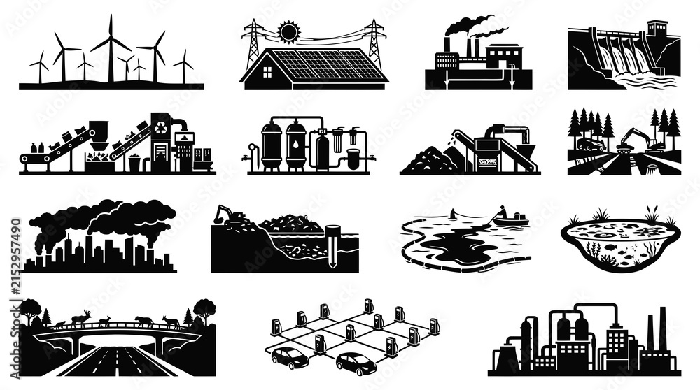 Fototapeta premium Environmental Energy Industry Sustainability Black White Glyph Vector Icons Set