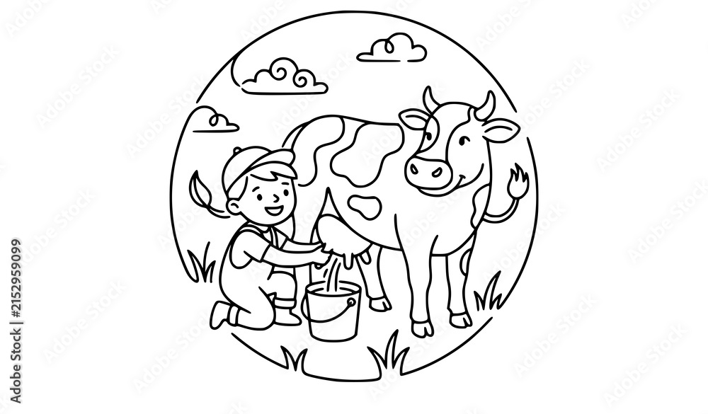 Fototapeta premium Happy Little Child Milking Cow Farm One Line Art Vector Illustration