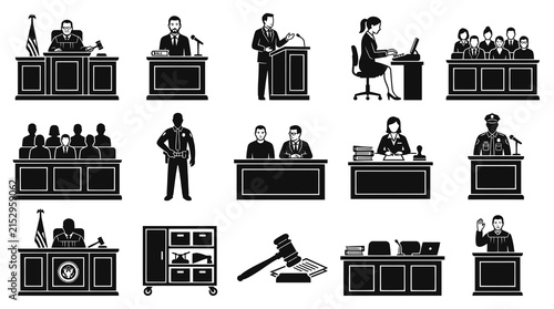 Legal System and Courtroom Glyph Icons Set. Black  White Justice, Law, and Judgment Solid Vector.