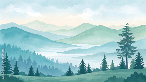 Misty mountain landscape with pine trees and foggy valley in watercolor style illustration