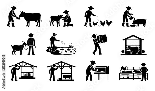 Animal Husbandry and Livestock Farming Black Glyph Silhouette Vector Set