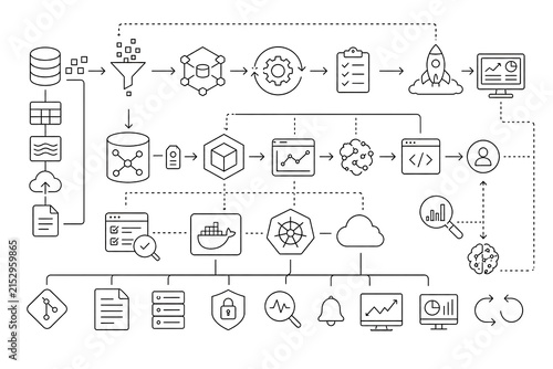 Data workflow and cloud computing technology process with automation, software development, analytics, and digital infrastructure icons.