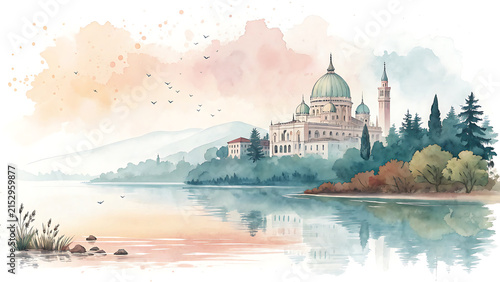 Watercolor lakeside landscape with cathedral and autumn foliage