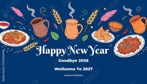 Happy New Year 2027 festive celebration with food and drinks, colorful illustration