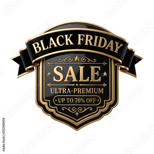 Black Friday sale badge with gold text. Premium discount label for retail marketing.