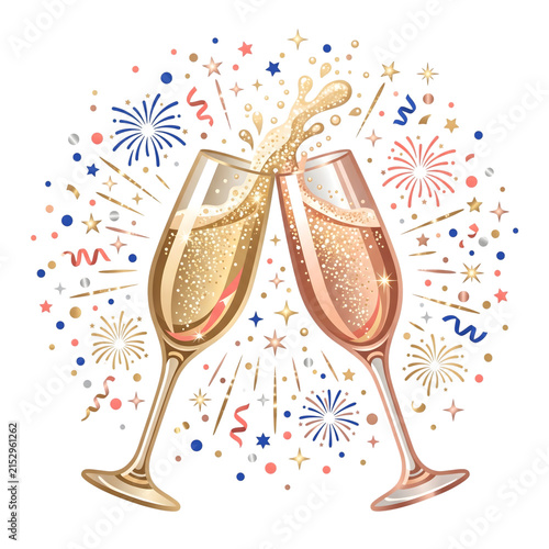 Two champagne glasses toasting at celebration. Elegant golden bubbly drink flutes clinking for party success.