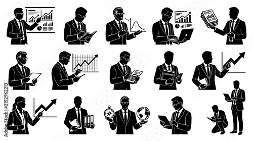 Finance Business Professionals Silhouette Vector Icon Set. Businessmen and Businesswomen Analytics  Economics Glyphs.