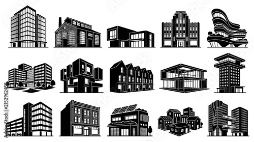 Urban  Modern Architectural Buildings Black and White Vector Silhouette Glyphs Icon Set