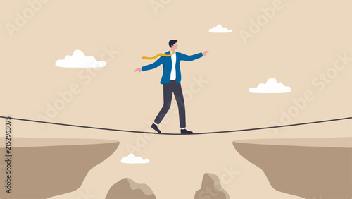 Tapety artystyczne Business risk, taking chances, bold strategy concept, businessman walking on a tightrope over a gap, clean minimal flat vector illustration
