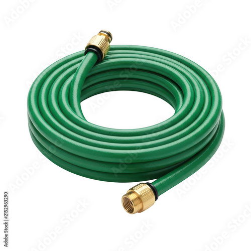 Green garden hose coiled with brass fittings isolated on transparent background