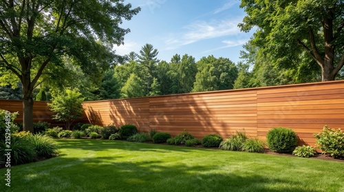 Lush garden beds and shade trees create a peaceful outdoor space behind a wooden privacy fence.