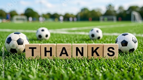Soccer balls and wooden tiles spelling THANKS on a football pitch.