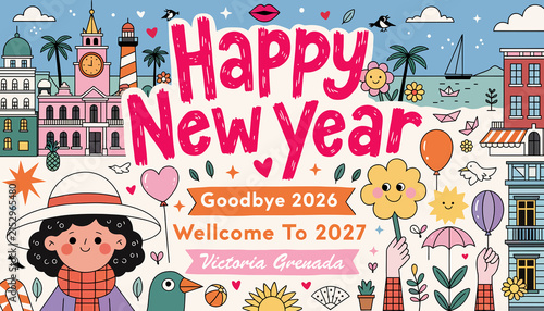 Happy New Year 2027: Festive Celebration with Tropical Beach Town Illustration and People Greeting the Future