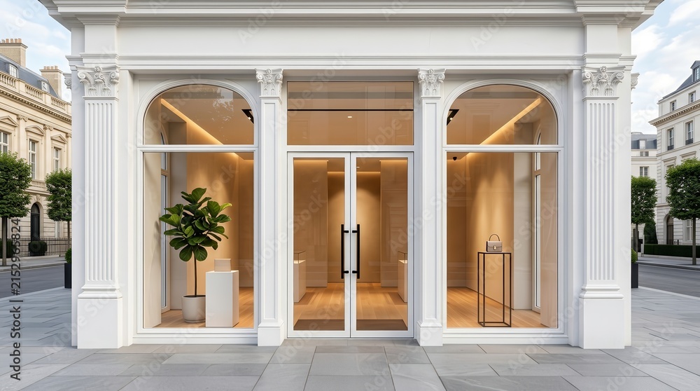 Obraz premium Minimalist boutique interior with plants and decor visible through arched windows.