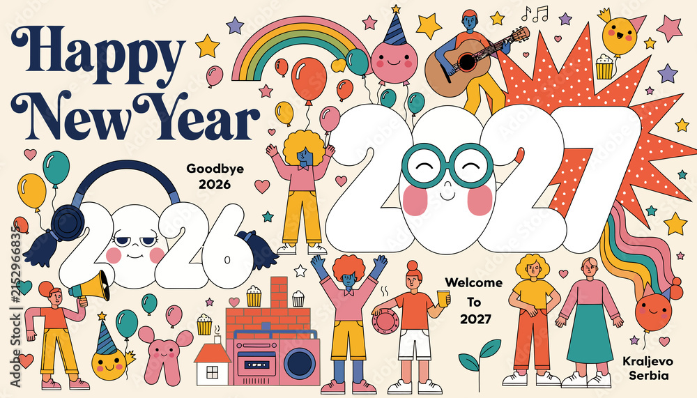 Fototapeta premium Happy New Year 2027: Festive Characters & Countdown Celebration with Music and Balloons