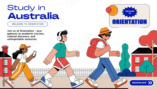Students walking towards Australia for orientation and academic success, international education concept