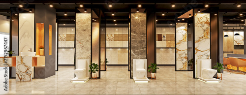 Contemporary bathroom tile and fixture showroom featuring polished stone slabs and ceramic sanitary ware displays arranged on tiled floors, showroom