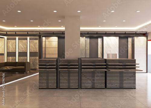 Minimalist tile showroom interior with stacked sample racks and warm ambient lighting showroom flooring interiors materials architecture displays